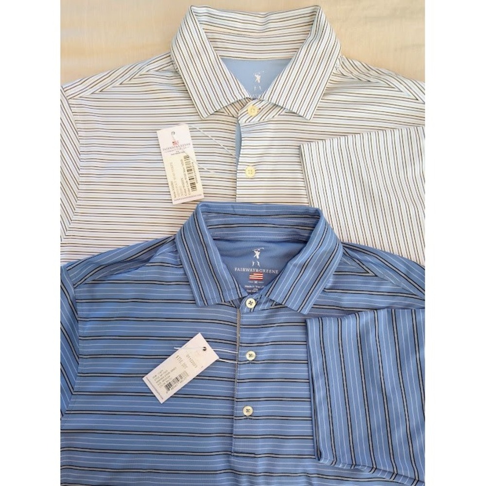 (Lot of 2) Fairway & Greene Golf Polo Men M Blue White Stripe Performance‎ Shirt